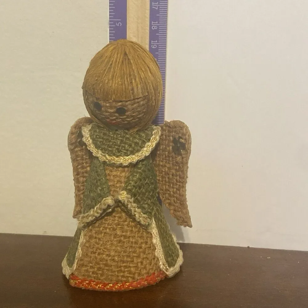 Vintage 1970S Burlap Jute Christmas Angel Figurine Ornament 4.5”